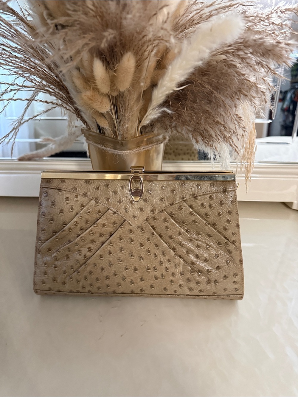 Champagne Ostrich-Effect leather  Frame Clutch